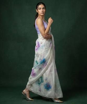 White with multicolor floral print  digital print work organza   elegant party wear 3