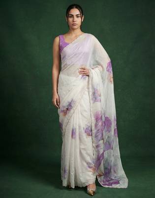 White with multicolor floral print  digital print work organza   elegant party wear 1