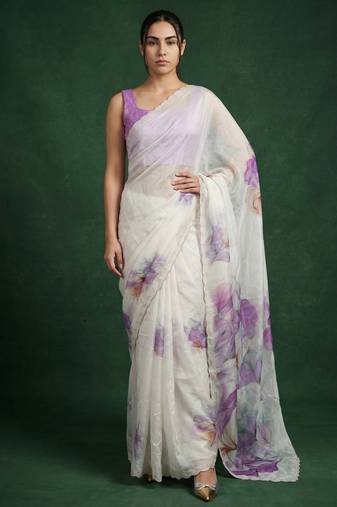 White with multicolor floral print  digital print work organza   elegant party wear