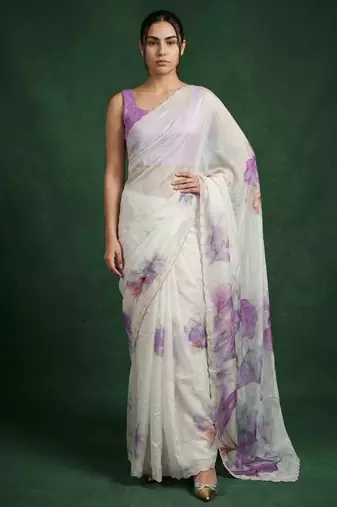 White with multicolor floral print  digital print work organza   elegant party wear