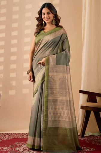 Green digital kalamkari print cotton silk festive elegent saree with blouse