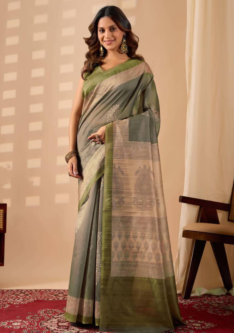Green digital kalamkari print cotton silk festive elegent saree with blouse