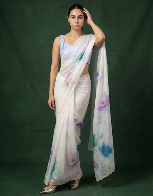 White with multicolor floral print  digital print work organza   elegant party wear 4