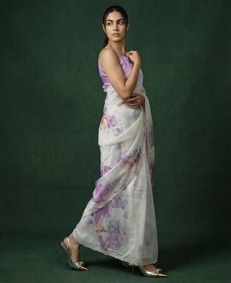 White with multicolor floral print  digital print work organza   elegant party wear 3