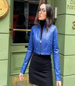 Blue color quilted cropped genuine leather jacket slim fit trucker style short