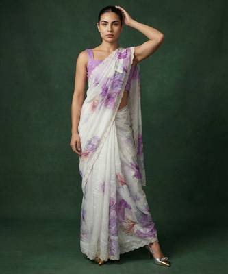 White with multicolor floral print  digital print work organza   elegant party wear 4