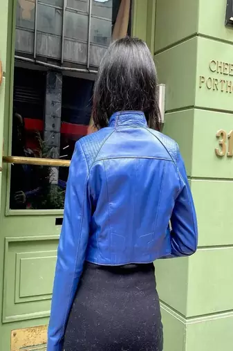 men's blue lambskin leather trucker jacket premium quilted design