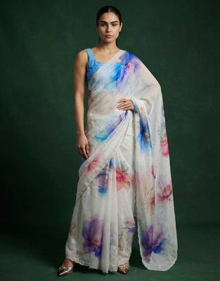 White with multicolor floral print  digital print work organza   elegant party wear 1