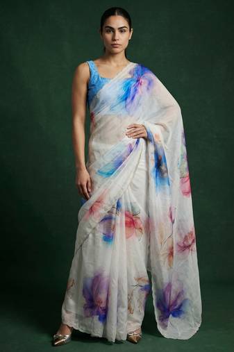 White with multicolor floral print  digital print work organza   elegant party wear