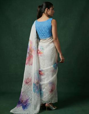 White with multicolor floral print  digital print work organza   elegant party wear 2