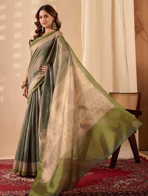 Green digital kalamkari print cotton silk festive elegent saree with blouse 3