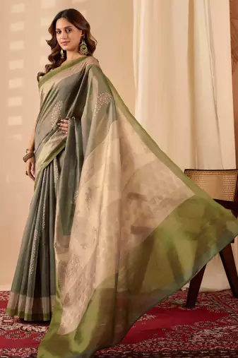 Green digital kalamkari print cotton silk festive elegent saree with blouse