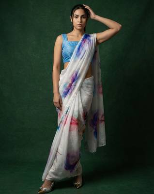 White with multicolor floral print  digital print work organza   elegant party wear 3