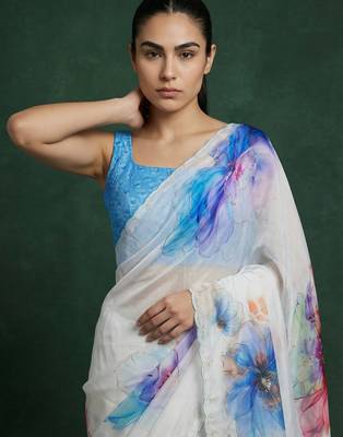 White with multicolor floral print  digital print work organza   elegant party wear 4