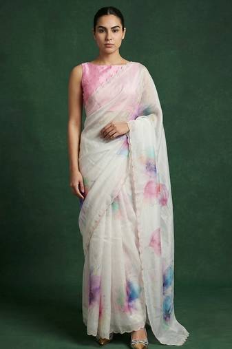 White with multicolor floral print  digital print work organza   elegant party wear