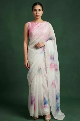 White with multicolor floral print  digital print work organza   elegant party wear