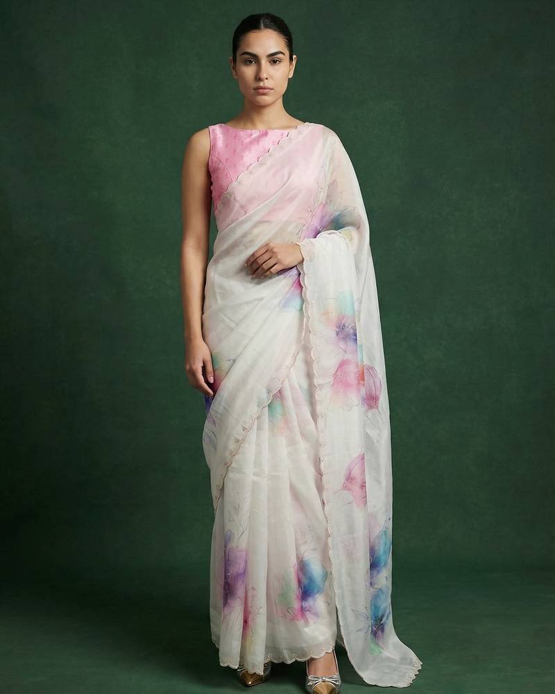 White with multicolor floral print  digital print work organza   elegant party wear