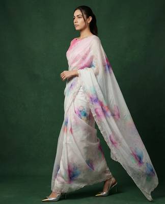 White with multicolor floral print  digital print work organza   elegant party wear 3