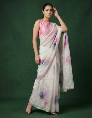 White with multicolor floral print  digital print work organza   elegant party wear 4