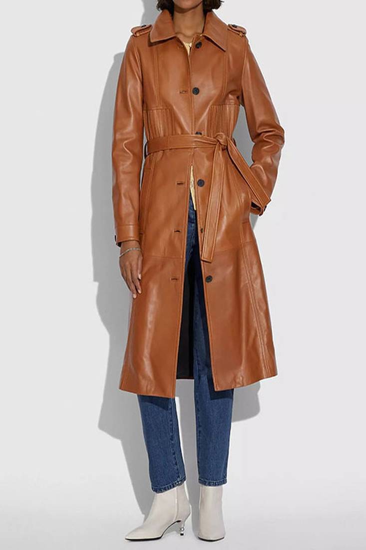 Women’s real lambskin leather trench coat slim fit long jacket stylish classic