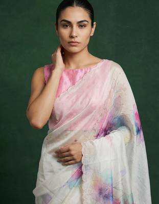 White with multicolor floral print  digital print work organza   elegant party wear 5