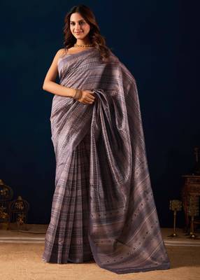 Grey digital kalamkari print cotton silk festive elegent saree with blouse 1