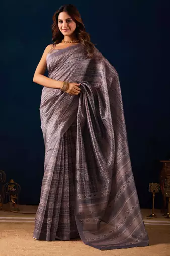 Grey digital kalamkari print cotton silk festive elegent saree with blouse