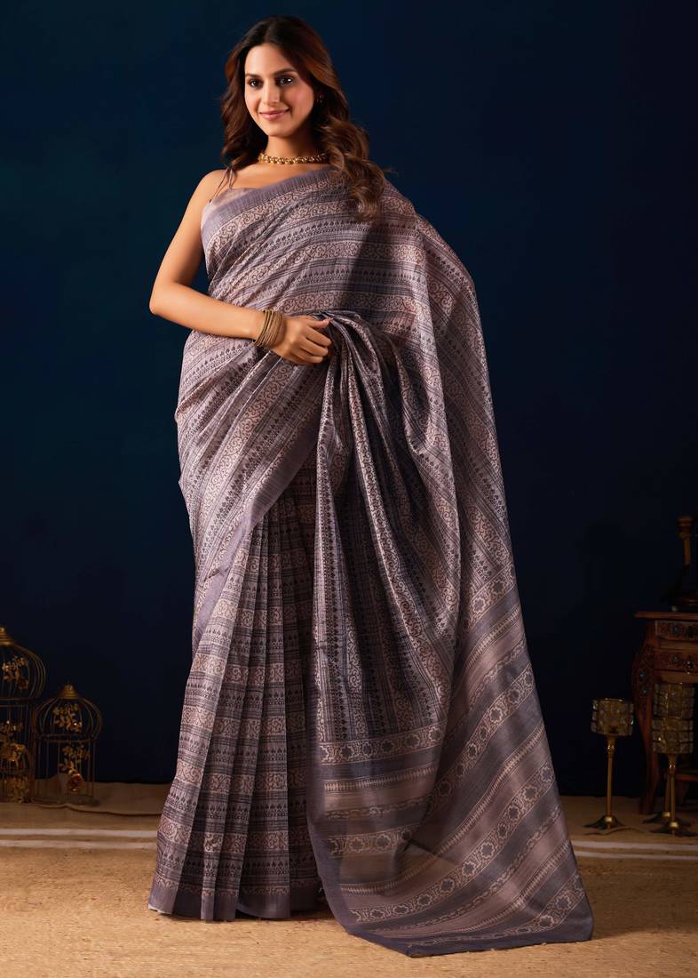 Grey digital kalamkari print cotton silk festive elegent saree with blouse