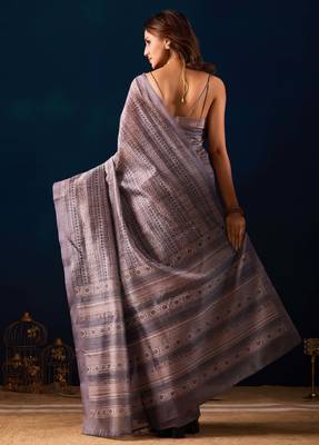 Grey digital kalamkari print cotton silk festive elegent saree with blouse 2