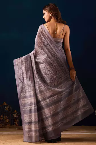 Grey digital kalamkari print cotton silk festive elegent saree with blouse