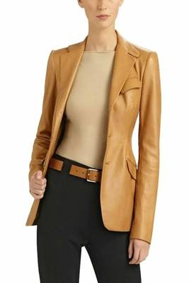 women's brown lambskin leather blazer jacket classic zip up style 1