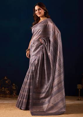 Grey digital kalamkari print cotton silk festive elegent saree with blouse 3