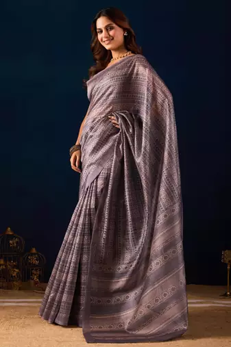 Grey digital kalamkari print cotton silk festive elegent saree with blouse