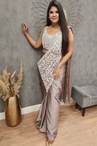 Light Chiku Color Embroidered,Thread & Sequins Work Work Rangoli Silk Ready To Wear Saree