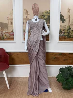 light chiku embroidered,thread & sequins work work rangoli silk pre-stitched saree 3