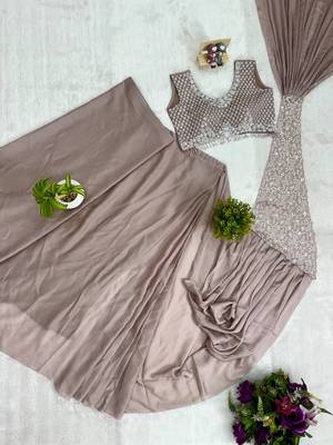 light chiku embroidered,thread & sequins work work rangoli silk pre-stitched saree 5
