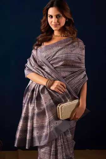 Grey digital kalamkari print cotton silk festive elegent saree with blouse