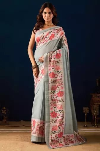 Grey digital floral print chiffon festive ethnic saree with blouse