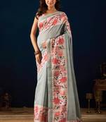 Grey digital floral print chiffon festive ethnic saree with blouse