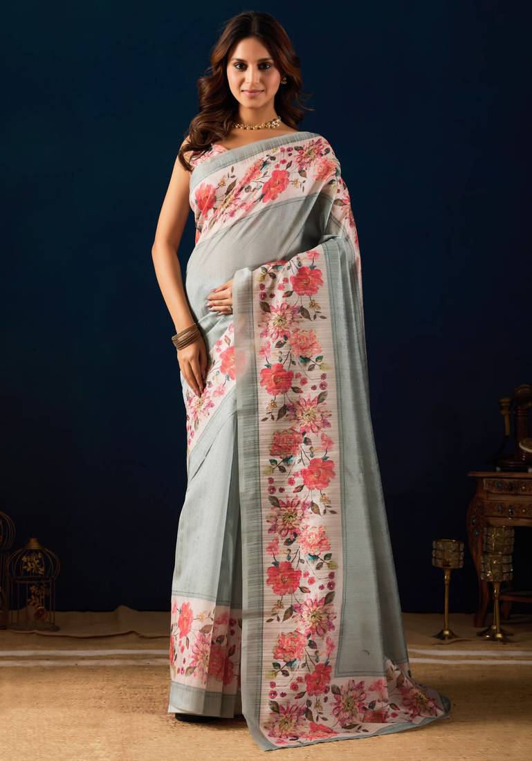 Grey digital floral print chiffon festive ethnic saree with blouse