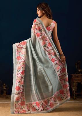 Grey digital floral print chiffon festive ethnic saree with blouse 2