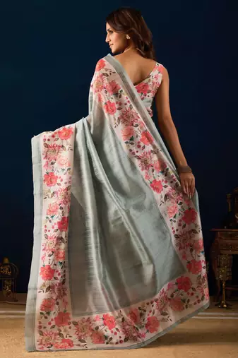 Grey digital floral print chiffon festive ethnic saree with blouse