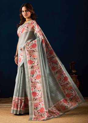 Grey digital floral print chiffon festive ethnic saree with blouse 3