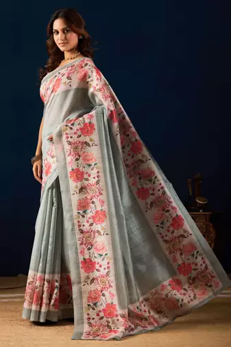 Grey digital floral print chiffon festive ethnic saree with blouse