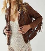 Brown slim fit lambskin leather jacket motorcycle biker stylish zipper