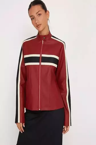 Red black lambskin leather jacket  motorcycle biker stylish slim fit