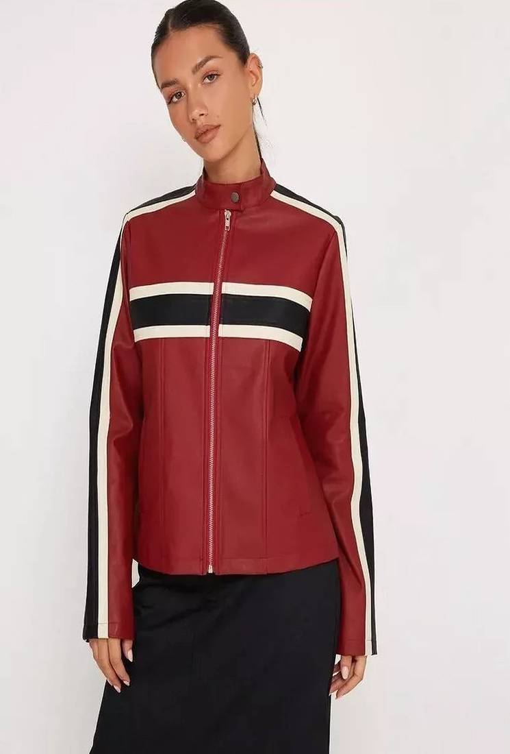 Red black lambskin leather jacket  motorcycle biker stylish slim fit