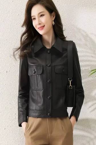 Black button slim fit lambskin leather jacket motorcycle biker