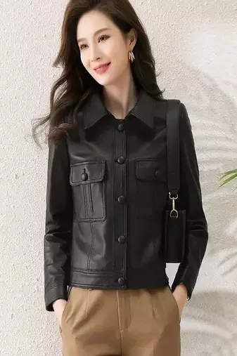 Black button slim fit lambskin leather jacket motorcycle biker