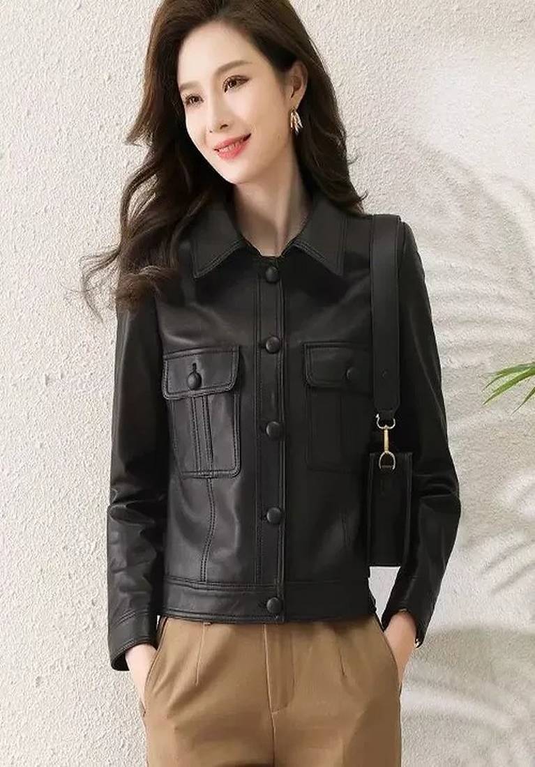 Black button slim fit lambskin leather jacket motorcycle biker